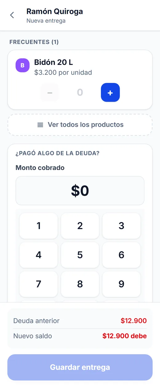 Pantalla Nueva entrega: productos frecuentes del cliente, monto cobrado con teclado numérico, deuda anterior y nuevo saldo
